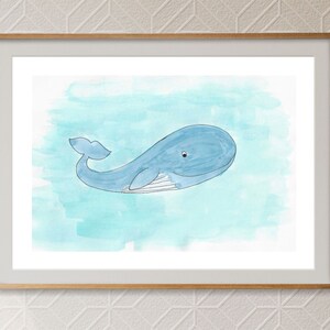 Benny the Blue Whale unframed watercolour print 11 x 14 inches horizontal Illustrated cartoon blue whale on pale blue background image 1