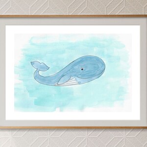 Benny la ballena azul impresión de acuarela sin marco 11 x 14 pulgadas horizontal / Ballena azul de dibujos animados ilustrados sobre fondo azul pálido