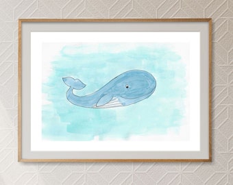 Benny the Blue Whale unframed watercolour print 11 x 14 inches horizontal | Illustrated cartoon blue whale on pale blue background