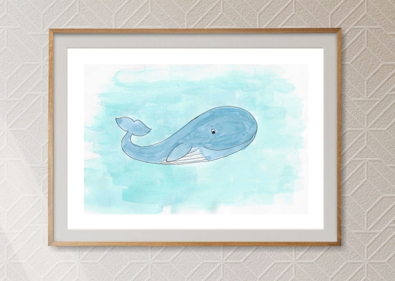 Benny the Blue Whale unframed watercolour print 11 x 14 inches horizontal Illustrated cartoon blue whale on pale blue background image 1