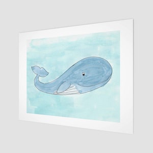 Benny the Blue Whale unframed watercolour print 11 x 14 inches horizontal Illustrated cartoon blue whale on pale blue background image 2