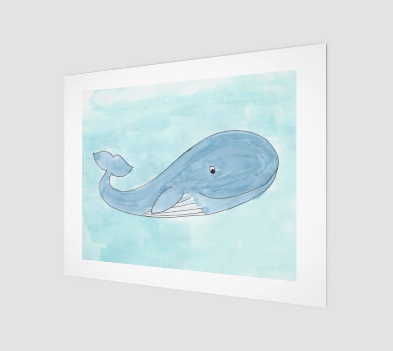 Benny the Blue Whale unframed watercolour print 11 x 14 inches horizontal Illustrated cartoon blue whale on pale blue background image 2