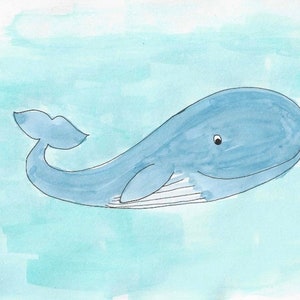 Benny the Blue Whale unframed watercolour print 11 x 14 inches horizontal Illustrated cartoon blue whale on pale blue background image 4