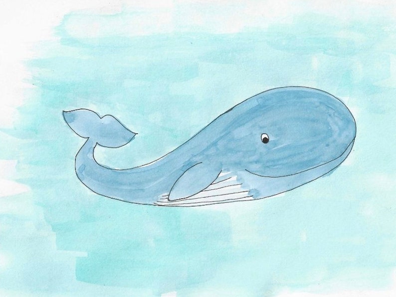 Benny the Blue Whale unframed watercolour print 11 x 14 inches horizontal Illustrated cartoon blue whale on pale blue background image 4