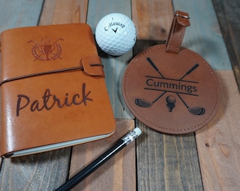 Personalized Golf Scorecard Holder Set | Laser Engraved Leatherette Bag Tag, Tee Holder