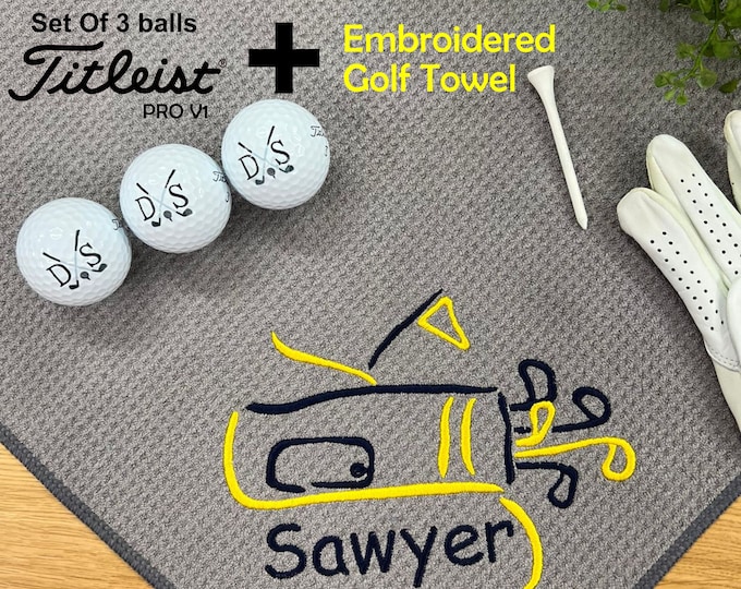 Personalized waffle golf towels and set of Titleist Pro V1 golf Balls - You choose your favorite colors Embroidered. Perfect Christmas Gift