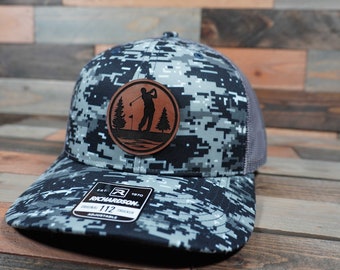 Leather Patch Richardson 112 Trucker Hat: Laser Engraved Golf Design