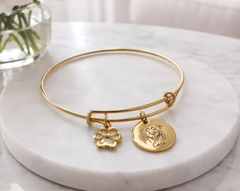 Custom Pet Portrait Bangle | Engraved Dog Cat Photo Bracelet, Stainless Steel Charm