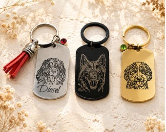 Personalized Pet Portrait Keychain, Engraved Dog Photo & Name, Custom Metal Keyring