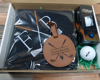 Personalized Golf Gift Box. Include a golf towel, a set of three golf Pro V1 balls with monograms, and a golf bag tag with tee holder