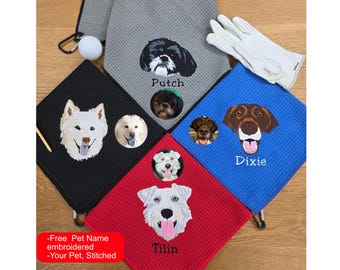 Custom Embroidered Pet Portrait Golf Towel, Personalized Name Golf Gift
