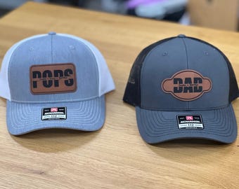 Personalized Leather Patch Trucker Hat: Engraved Grandchildren or Son Names