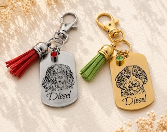Custom Pet Portrait Bag Charm, Personalized Engraved Dog Tag Charm with Tassel and Stone, Cute Purse Accessory