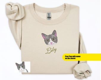 Custom Embroidered Cat or Dog Sweatshirt from Photo, Personalized Pet Portrait Sweatshirt, Cat Lover Gift, Pet Memorial, Crewneck