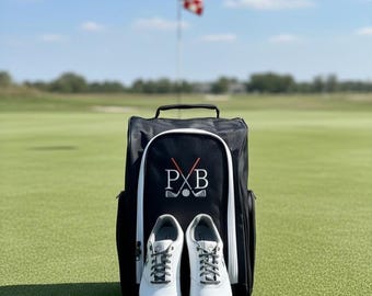Regalo de golf para el Día del Padre: Bolsa para zapatos de golf personalizada y bordada con iniciales y palos de golf.