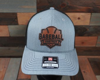 Personalized Leatherette Patch Trucker Hat: Engraved Baseball Cap. Your Logo Too