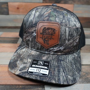 Bass Fishing Hat - Leather Patch Richardson Trucker Hat Laser Engraved - Fishing gift for man - Richardson 112 - Gift for DAD, Groomsmen