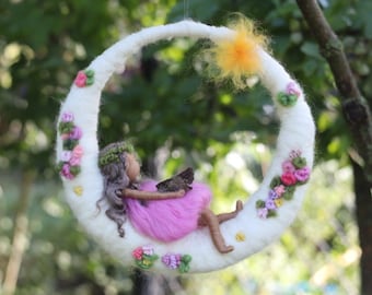 Needle felted Moon Mobile| Girl Reading on a felt Moon| Fairytale Nursery Decor| Waldorf Wool Fairy Art| Flower Moon Wall Hanging
