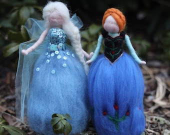 Needle Felted Anna and Elsa Figurines, Waldorf Inspired Snow Queen Dolls