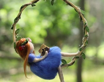 Needle Felted Fairy Reading, Handmade Wool Fairy Doll with Book | Woodland Nursery Decor | Hanging Fairy Art | Book Lover Gift, Waldorf nook