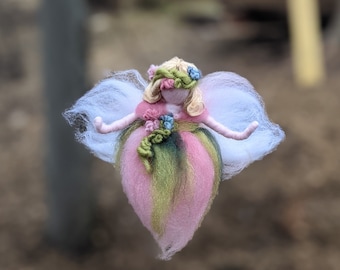 Needle felted spring welcoming light pink flower fairy| Waldorf inspired ombre rose pink and light pink wool fairy for nursery decor