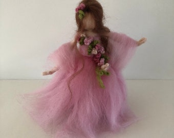 Needle felted Spring princess, flower fairy, pink figure, Waldorf inspired