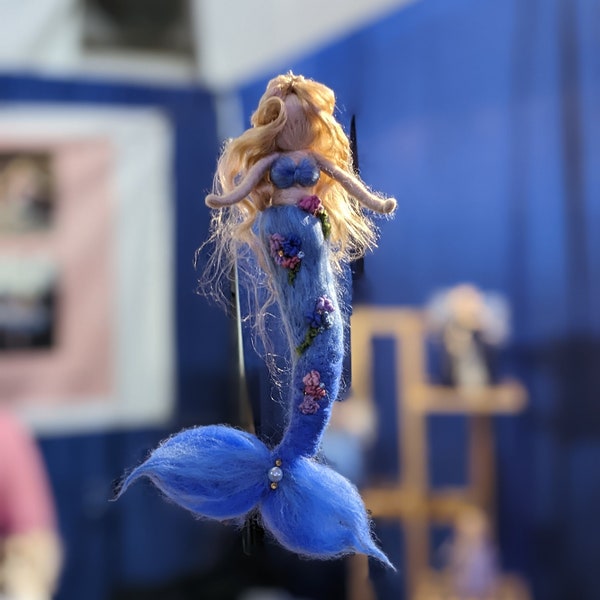 needle felted blue mermaid with felted felted flowers, waldorf inspired, blended blue,pink and purple flowers and crystals; graceful mermaid