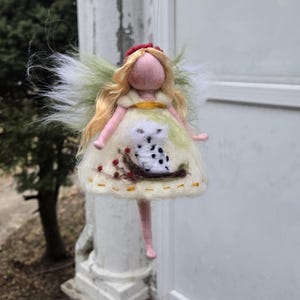 Needle Felted Angel Ornament, Handmade Wool Fairy with Owl Dress