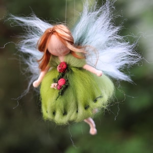 Needle felted green dancing ballerina, Waldorf Inspired green and pink fairy flying, Whimsical Nursery Decor