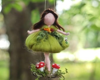 Needle Felted Autumn Fairy Doll, Waldorf Inspired, with Toadstools & Lantern