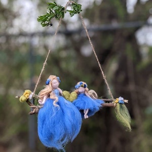 Needle felted, Mother and daughter swinging, Mother and Daughter Spring Scene, Waldorf Inspired, Mother&#39;s Day Gift, Blue fairies