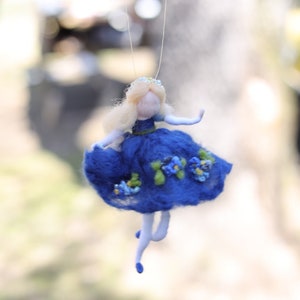Needle felted blue ballerina with flowers, blue spring maiden, felted fairy dancing, Waldorf inspired, wool ornament princess