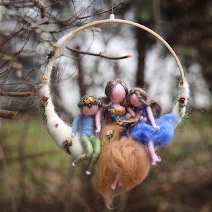 Customizable Needle felted mother and children mobile, Waldorf Inspired family Mobile, Mother reading a book for her children