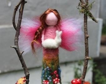 Handmade Needle Felted Fairy Doll, Rainbow Dress, Woodland Decor