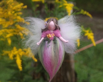 Needle felted summer flower fairy, Waldorf Inspired purple and pink wool fairy, handmade felt doll with yellow and purple flowers