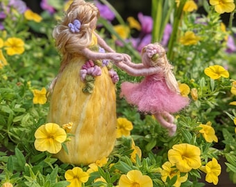 Personalized Needle felted Mother & Daughter set | Waldorf Inspired figurines | Spring flower faires swinging