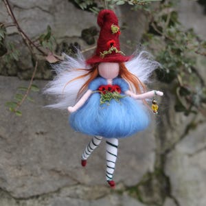 Needle felted Poppy Flower Fairy, Waldorf Inspired Woodland Wool Ornament Fairy, Red and Blue Fairy Felt, Red Poppy Flower Pixie,
