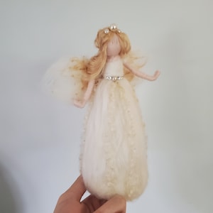 Needle felted white fairy angel with crystals and pearls, Waldorf inspired gold and white  Christmas tree topper