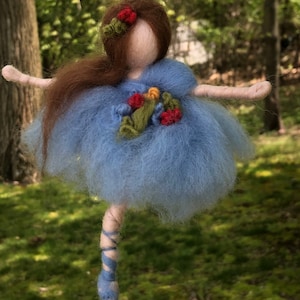 Needle felted blue ballerina, graceful position, Waldorf inspired, home decor