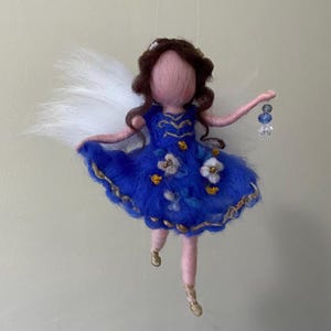 Needle felted blue fairy, Waldorf inspired dancing ballerina with flowers dress, wool ornament, art doll with flower design, needle felted