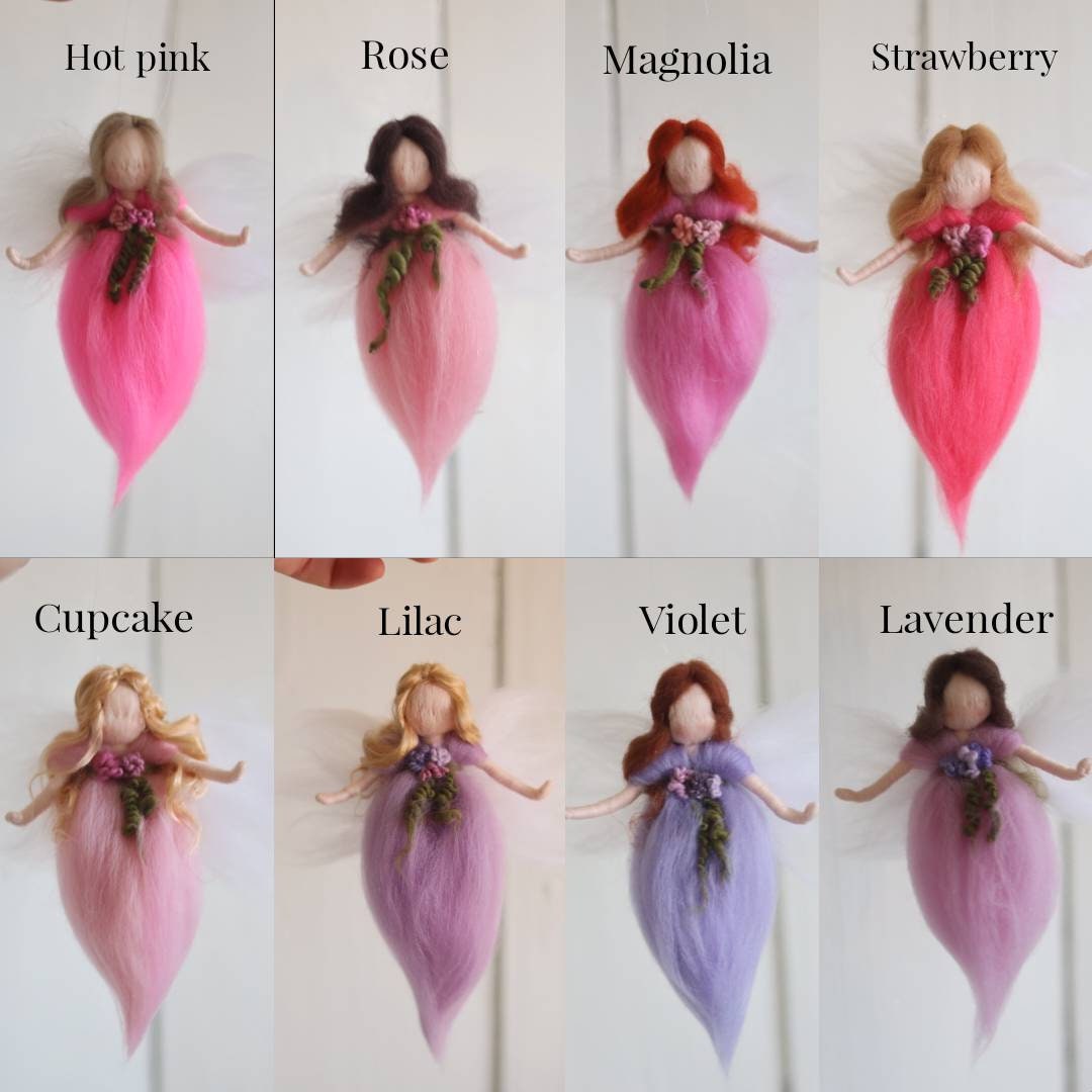 Hadas de lana de fieltro con aguja, inspiradas en Waldorf, hada rosa y  morada, hada de cumpleaños, recuerdo de hada, hada de las flores, hada ..., image size:1080x1080