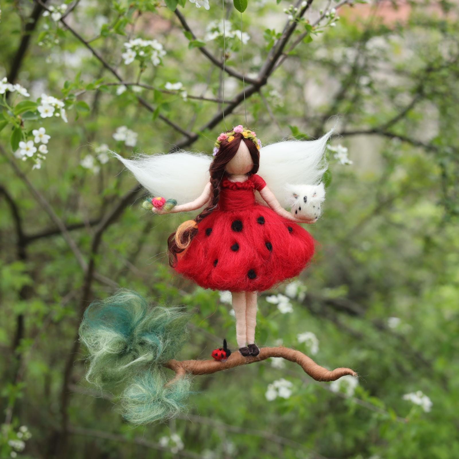 Needle Felted Ladybug Fairy with Owl, Woodland Nursery Mobile, Waldorf Inspired Fairy Ornament