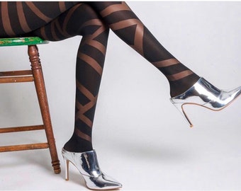 Chaos Print Women’s Stockings | Sheer Black Striped Tights | Pattern Pantyhose | Sexy Luxury Nylons | Designer Tights | Tights | Men Hosiery