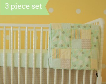 Yellow Mint Woodland Baby Toddler Quilt - Crib Bedding - Minky Blanket - Girl - Boy - Nursery- Baby Shower