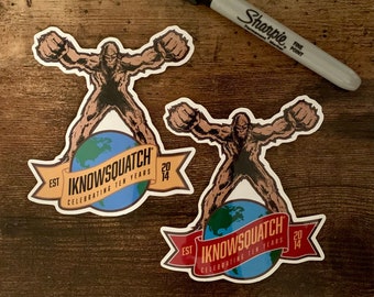 Bigfoot Sticker Sasquatch Decal Iknowsquatch® 10th Anniversary Sticker 4in by 4in (choose red or gold)