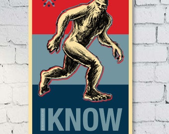 May include: Poster featuring a Bigfoot illustration in a running pose. The background has red, blue, and navy blue sections with the text "I KNOW" at the bottom. A small design of stars is in the upper left corner.