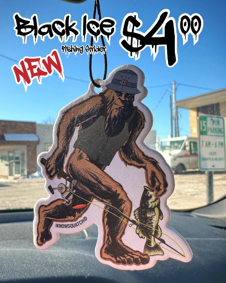 May include: An air freshener with a Bigfoot design, holding a fishing rod and a fish. The air freshener has the text "Black Ice" and "Fishing Strider". The price is $4.00. The word "NEW" is also visible.