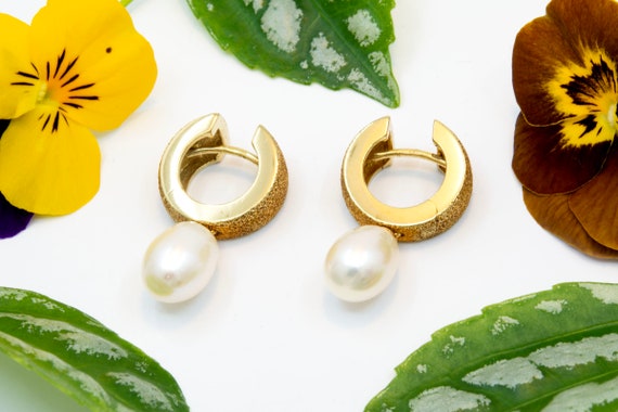 Gold Textured Huggy Hoops with Pearl; 14k - image 3