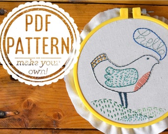 Hello, Birdy! Original Embroidery Art PDF Pattern : DIY, Stitch Your Own, Easy Download
