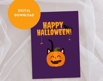 Op de afbeelding: Een paarse Halloween-kaart met de woorden "HAPPY HALLOWEEN!" in het oranje. De kaart toont een lachende pompoen met kattenoren en een zwarte staart. Een gele cirkel met "DIGITALE DOWNLOAD" staat linksboven.